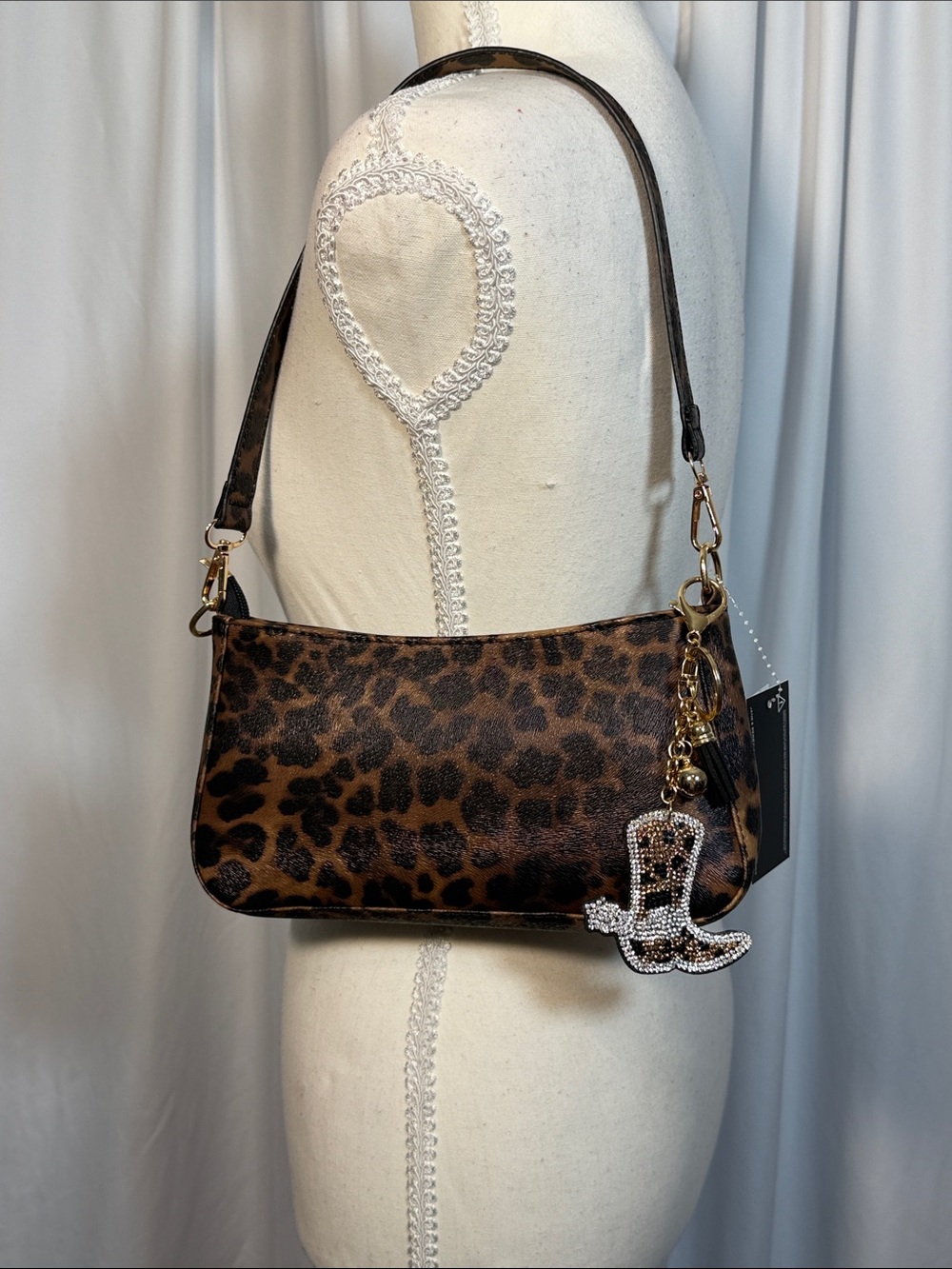 Leopard Print Shoulder Bag with Bling Cowboy Boot Charm
